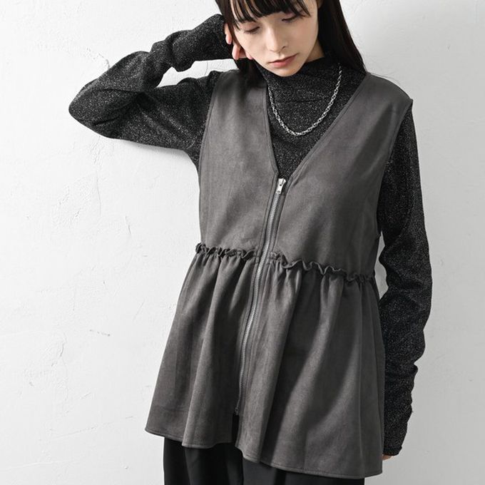 日本 ELENCARE DUE - 麂皮V領層次感傘擺拉鏈背心-焦糖棕