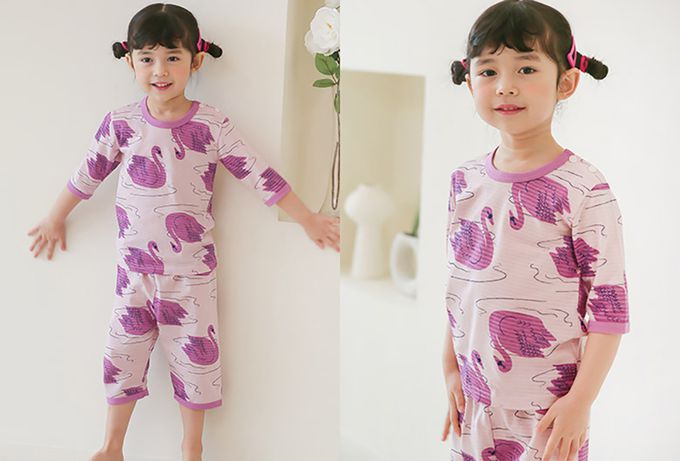 正韓 Puco - 超優質嬰幼兒/兒童七分袖100% 有機純棉家居服/睡衣-優雅天鵝