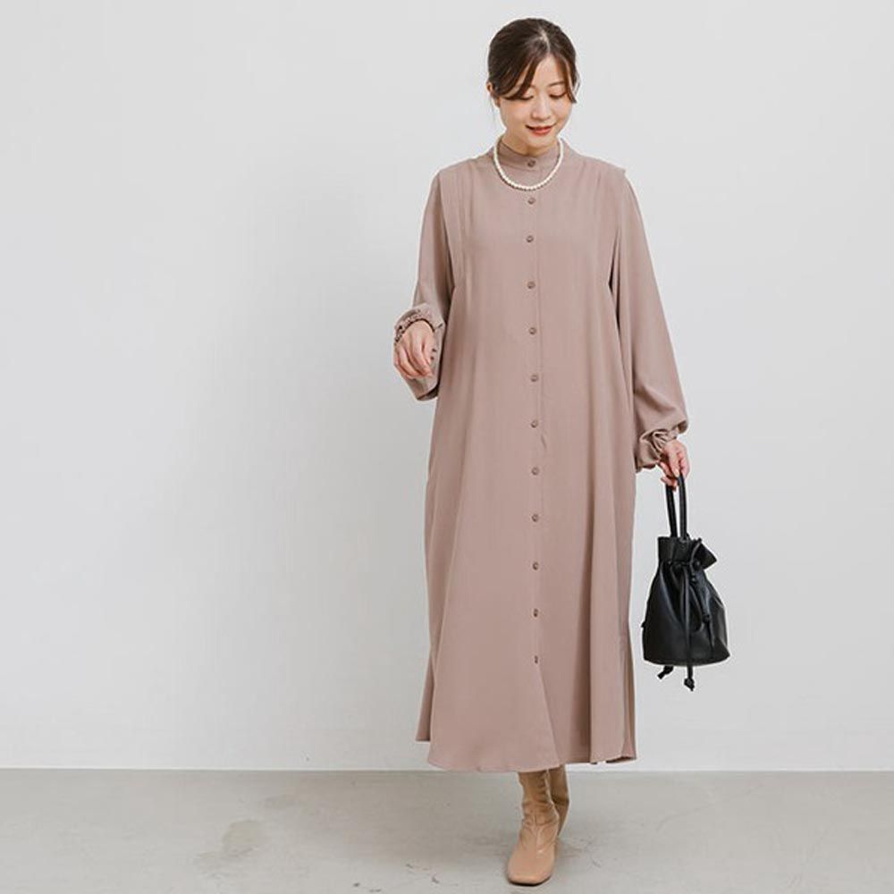 日本 ihuu - 不易皺優雅襯衫式長袖洋裝-卡其