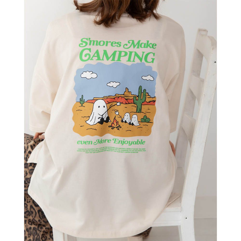 俏皮露營幽靈印花寬大風短袖T恤-奶油杏