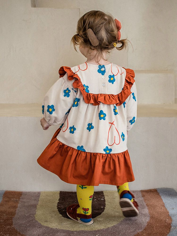 韓國Pimpollo - 微笑花朵荷葉邊洋裝-橘