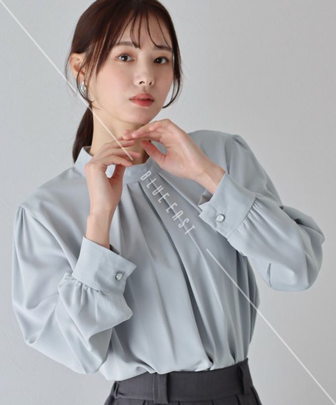 日本 BLUE EAST - 優雅摺線都會感小立領長袖上衣-黑