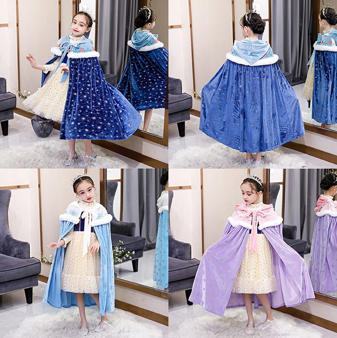 冰雪女王保暖印花斗篷-深藍色毛領