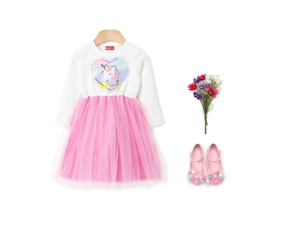 韓國 OZKIZ - 亮片獨角獸網紗長袖拼接洋裝