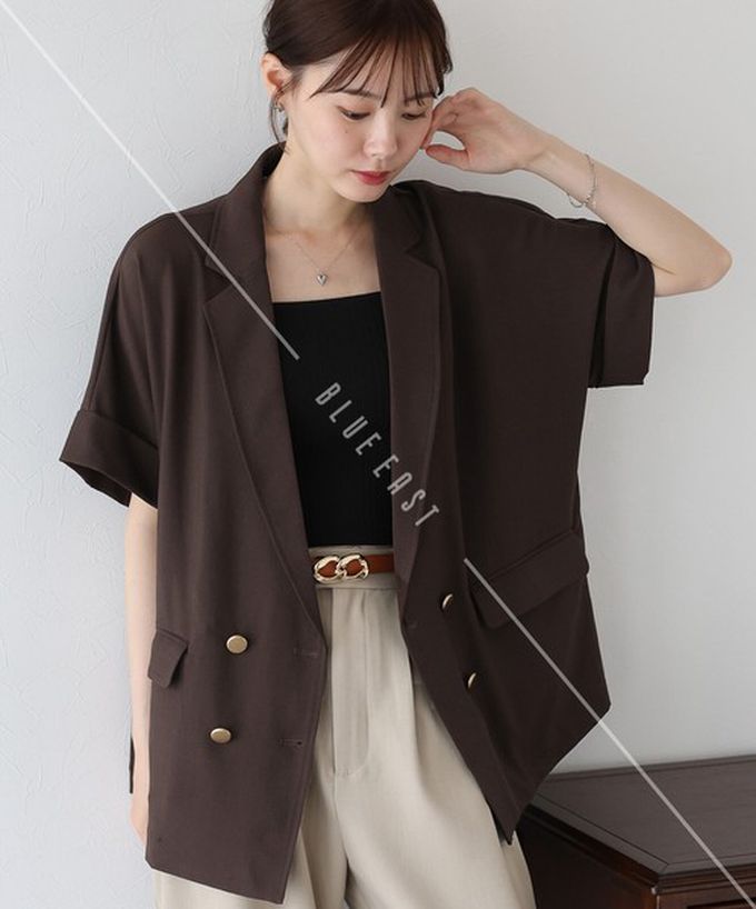 日本 BLUE EAST - 亞麻感氣質金釦短袖西裝外套-象牙白