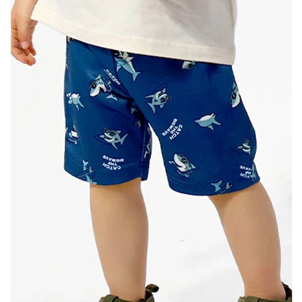 接觸冷感 透氣鯊魚印花短褲-深藍