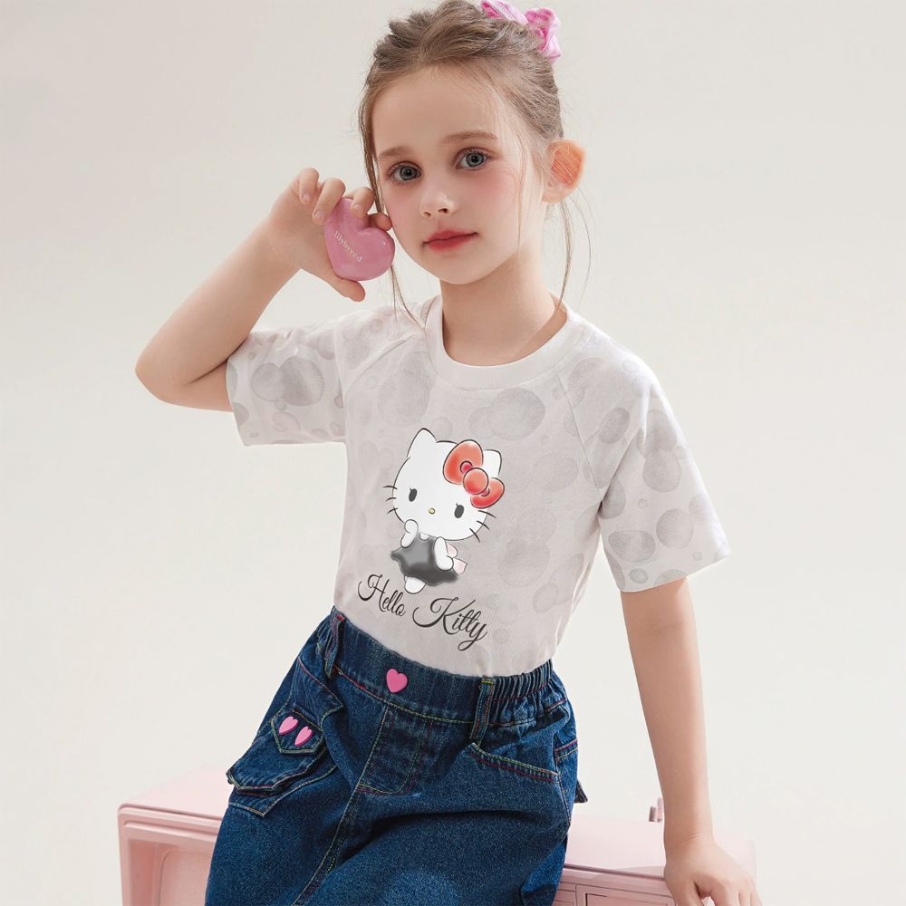 純棉圓領短袖上衣-卡通人物Hello Kitty-灰色