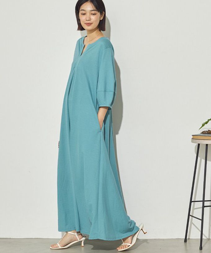 日本 Sans Souci 34+ - 接觸涼感 顯瘦A字鑰匙領五分袖洋裝-藍綠