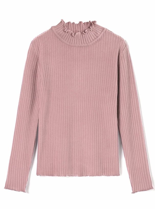 日本 GRL - 百搭木耳領羅紋長袖上衣-深可可