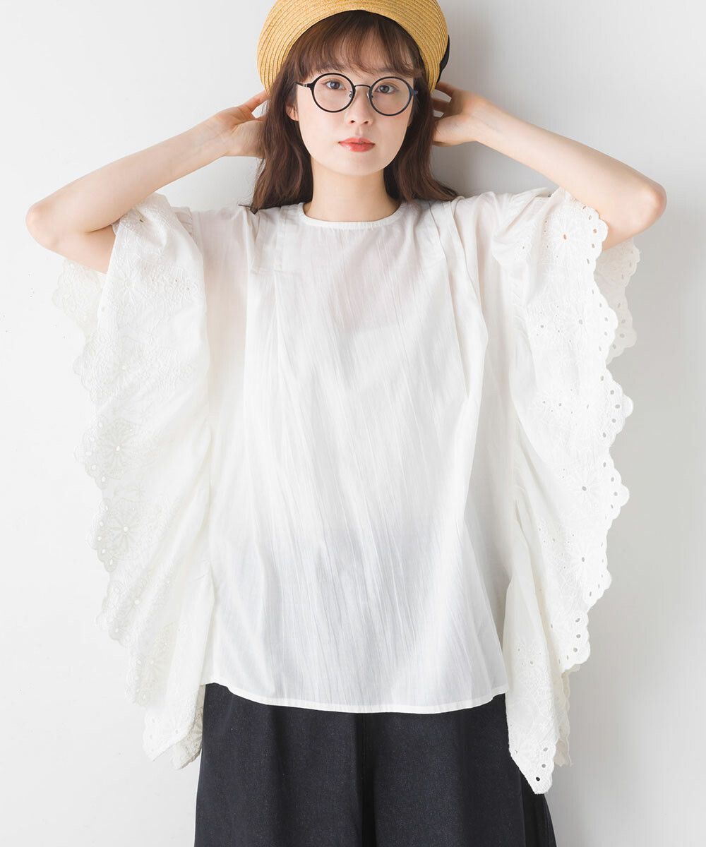 日本女裝代購 - 文藝刺繡大波浪寬鬆短袖上衣-經典黑