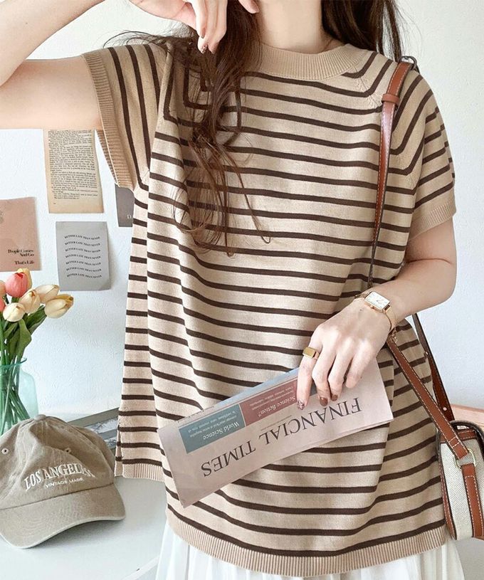 日本 Classical Elf - 定番條紋2way亨利領短袖上衣-炭灰