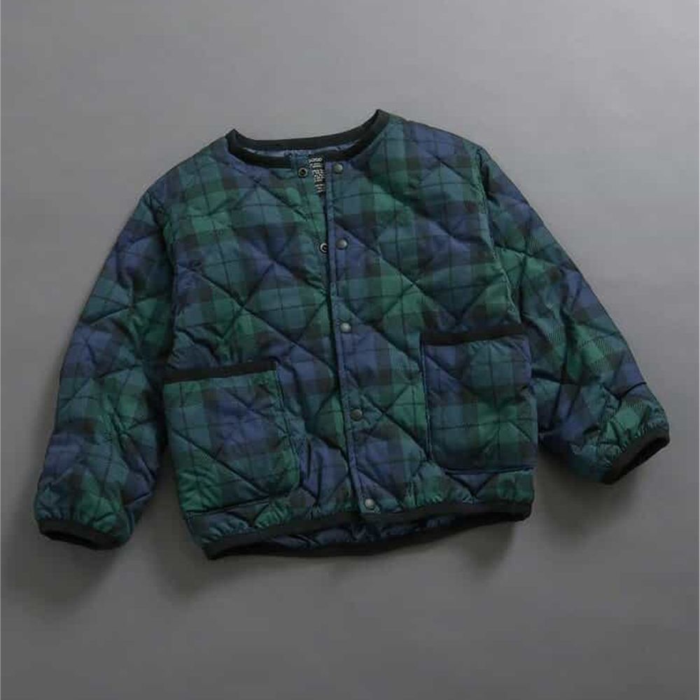 [可機洗]無領簡約絎縫保暖外套-格子-藍綠