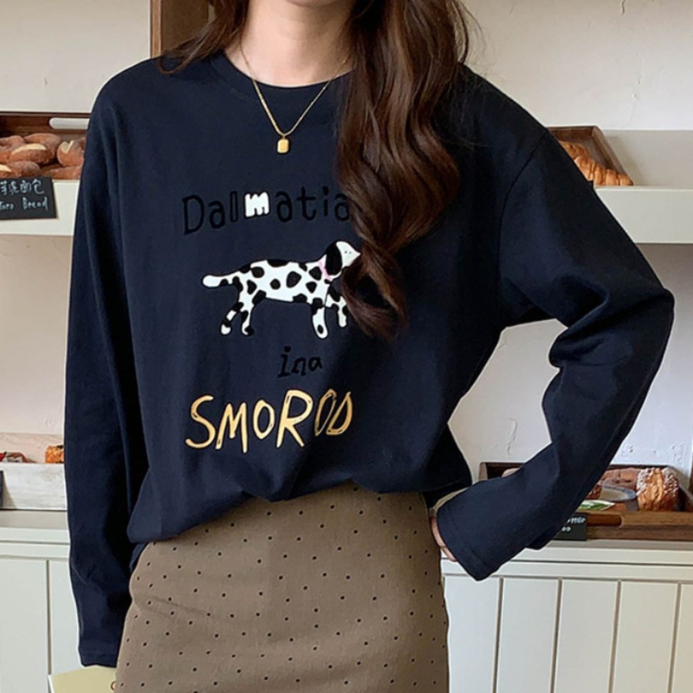 童趣斑點狗狗印花長袖上衣-海軍藍 (F)