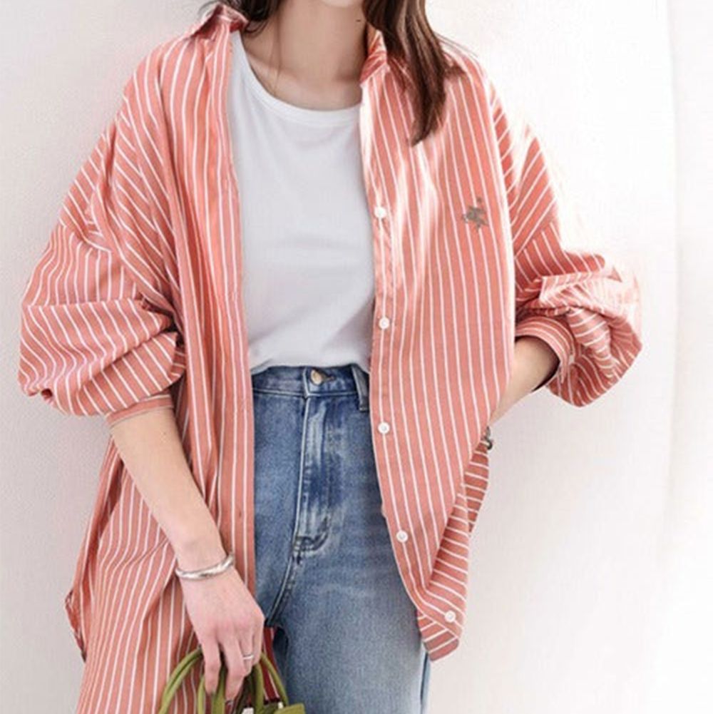 胸前刺繡直條紋率性長袖襯衫-珊瑚橘