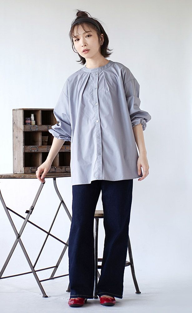 日本 zootie - 2way氣質綁帶輕薄光澤感長袖上衣-灰藍