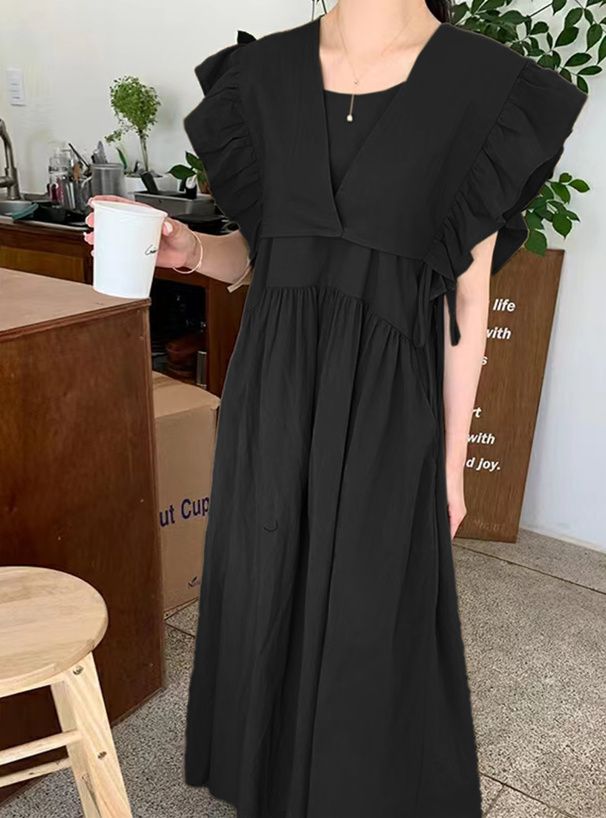 日本 GRL - 文藝感荷葉袖綁帶兩件式洋裝-深看咭 (F)