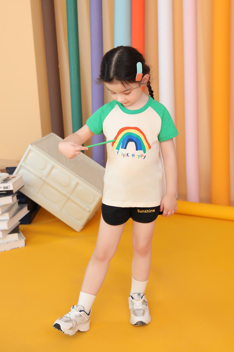 純棉短袖上衣-THINK HAPPY彩虹-米白+綠