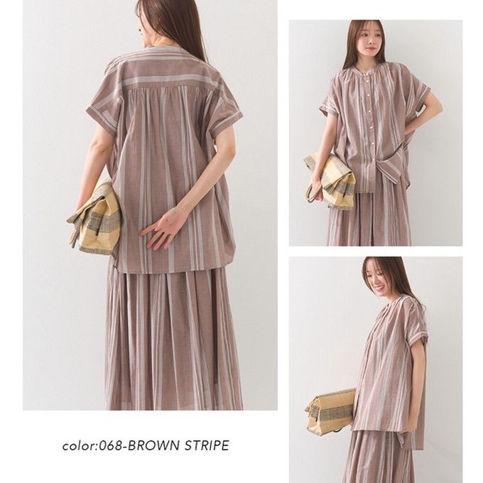 日本 OMNES - 100%印度棉 夏日印花休閒長版襯衫-淺棕條紋