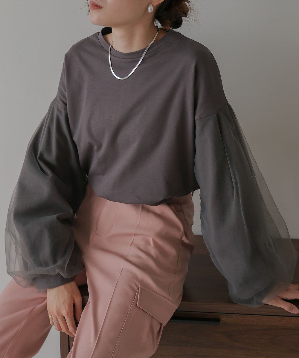 日本 Bab - 優雅拼接薄紗長袖上衣-深灰