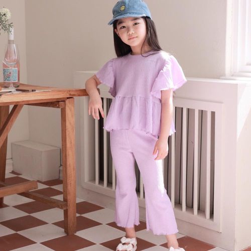韓國 Dalla - (兩件式)皺摺壓紋短袖長褲套裝-紫