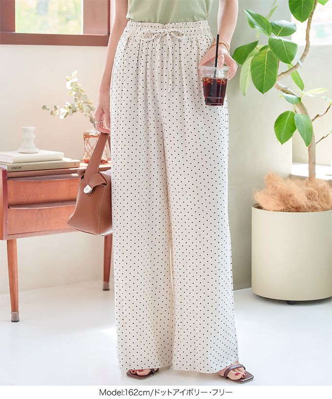 日本 Kobe Lettuce - 清爽棉麻鬆緊休閒寬褲-水玉-黑 (F)