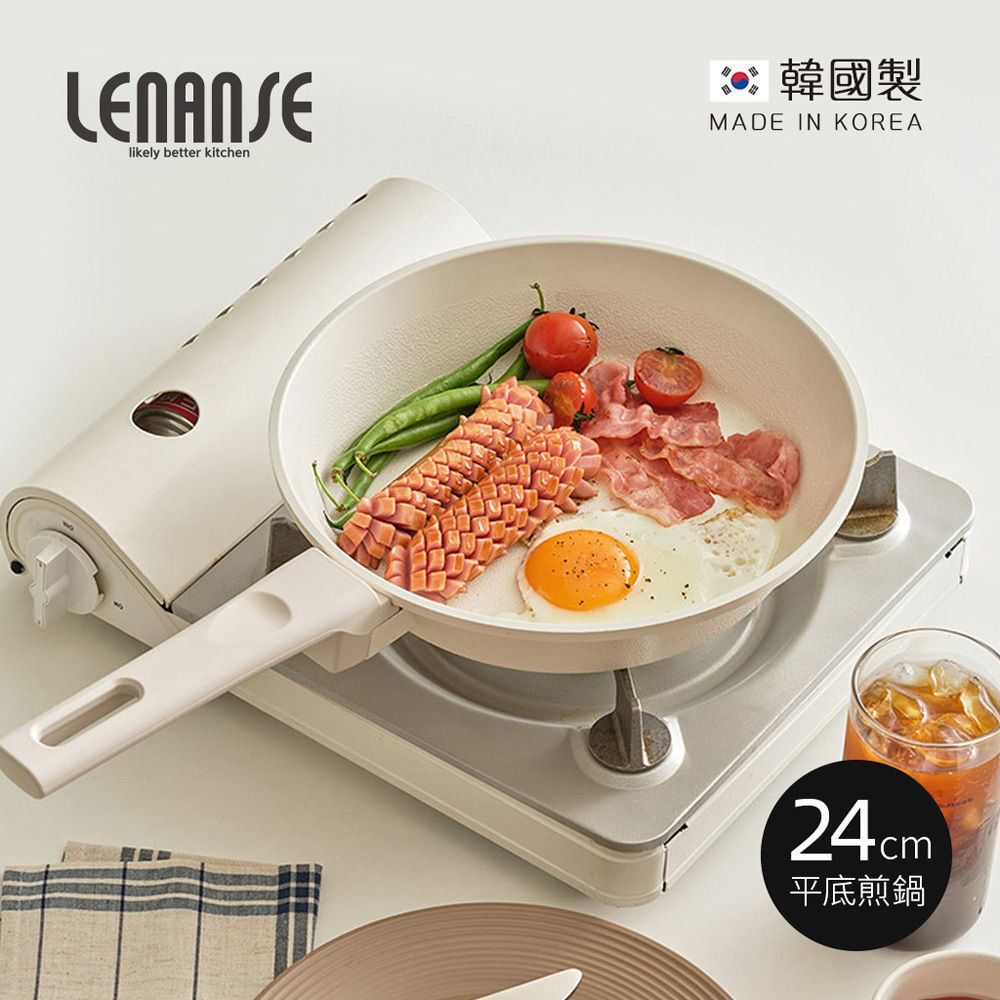 韓國 LENANSE - us 韓國製IH陶瓷塗層不沾平底煎鍋-象牙白 (24cm)