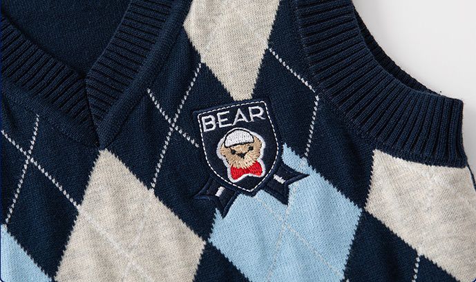 WELLKIDS - 學院風V領針織背心-熊熊-杏色