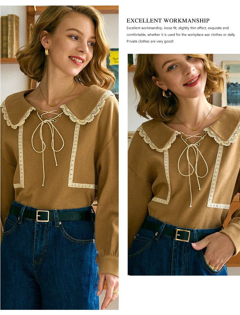 蕾絲拼接綁帶長袖上衣-卡其色