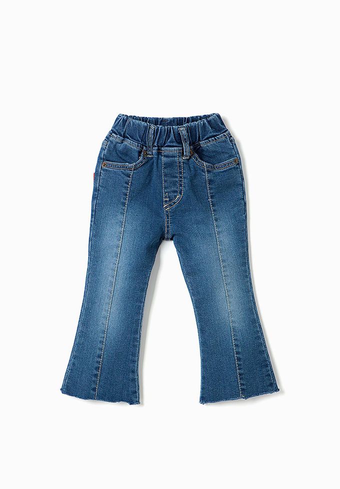 韓國 OZKIZ - 鬆緊腰修飾腿型喇叭長褲-深藍