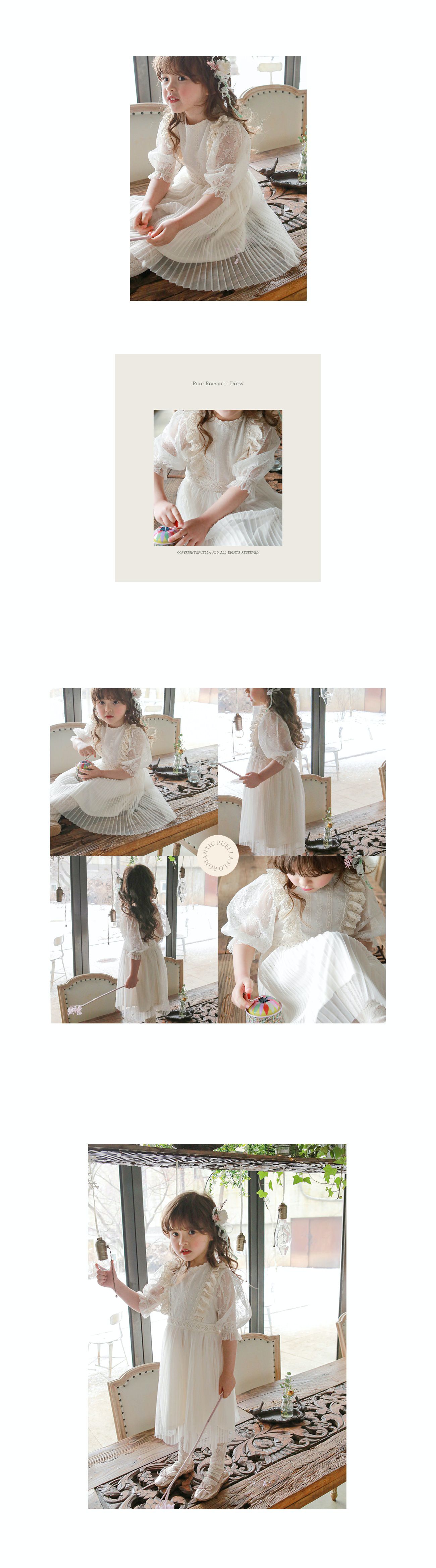 韓國 Puellaflo - 精緻蕾絲透膚袖百褶網紗洋裝-米白