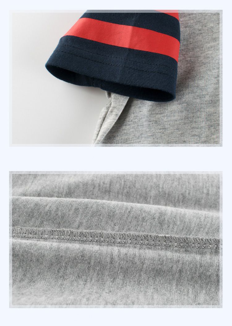 純棉短袖上衣-無圖袖子條紋款-灰+深藍