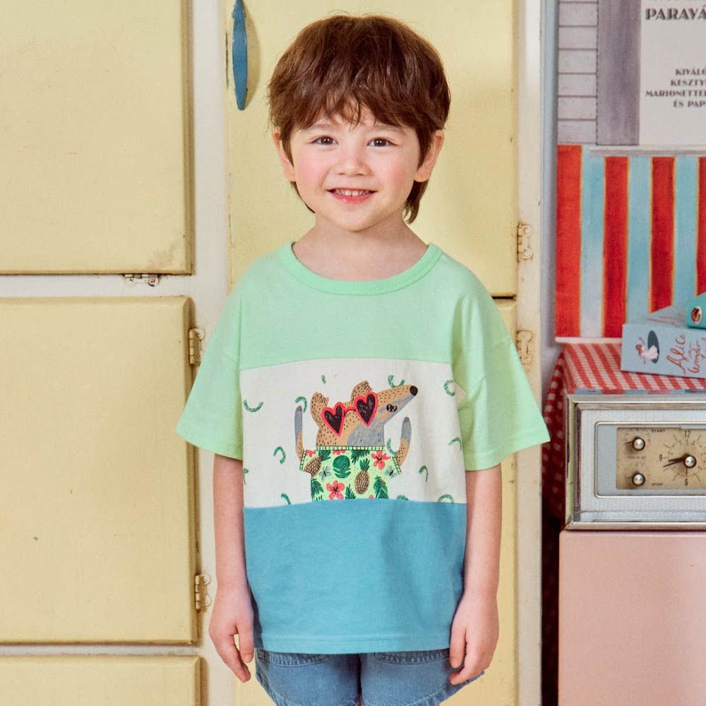 渡假動物拼色短袖上衣-淺綠X水藍