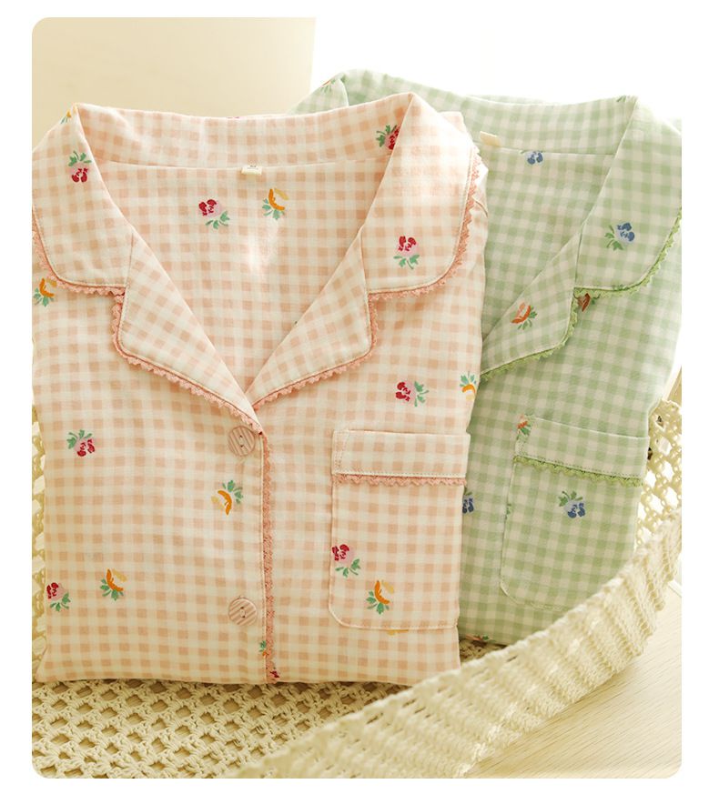 雙層棉紗布長袖家居睡衣套裝-小花綠格