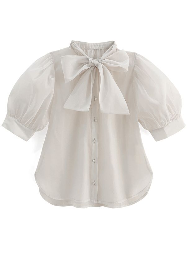 日本 GRL - 優雅光澤感蝴蝶結短袖襯衫-石墨灰 (F)