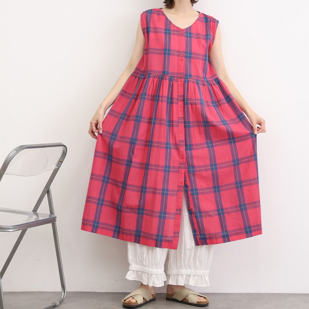 100%印度棉 清爽格紋開襟無袖洋裝-桃紅