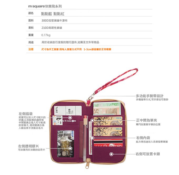 M Square - 短版拉鍊錢票護照夾-點點粉