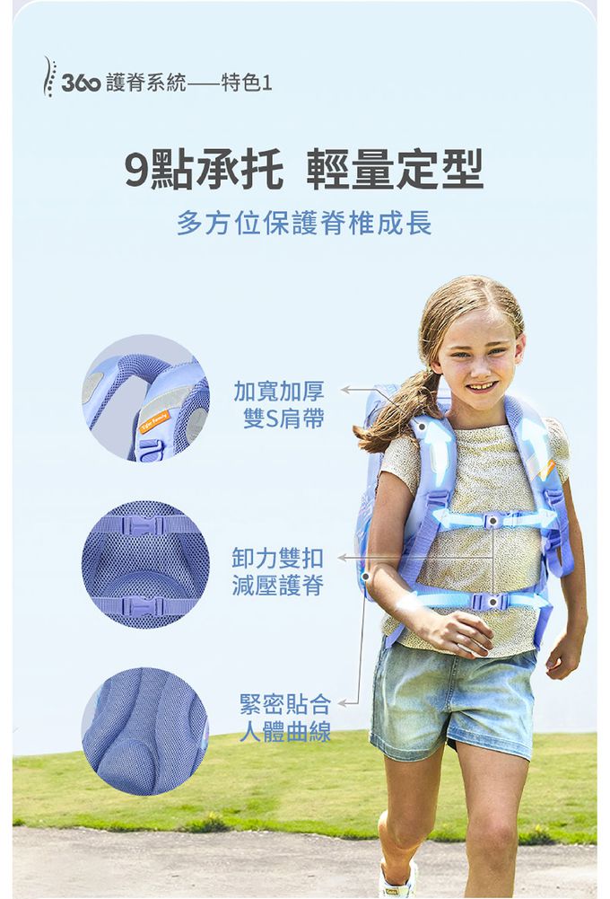 九點承托，全方位保護脊椎，加寬加厚雙S減壓肩帶，卸力胸扣腰扣，減壓護脊