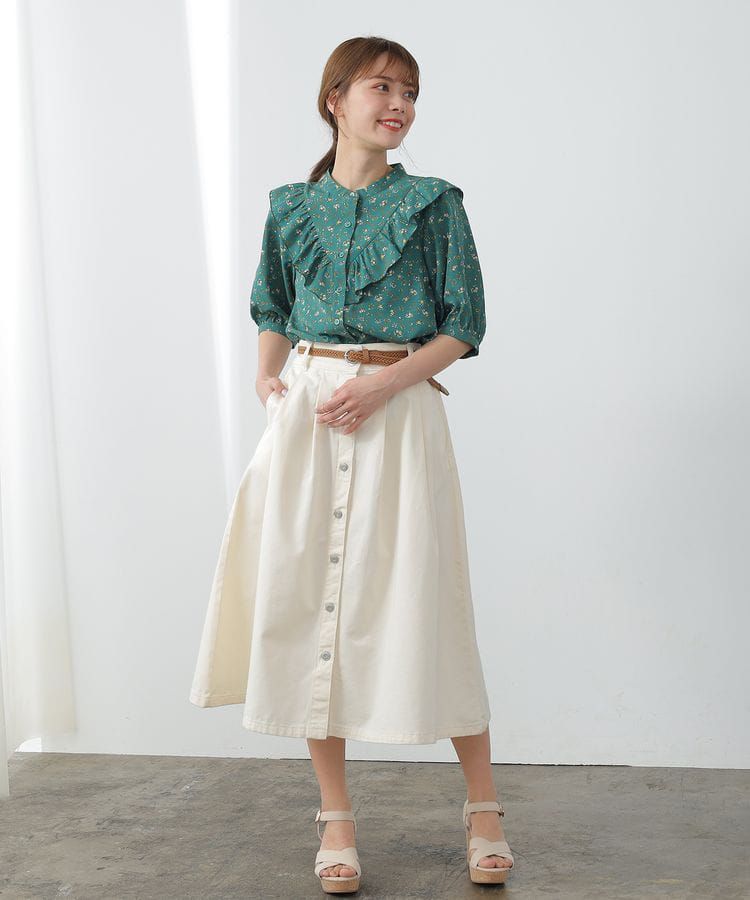 日本 Honeys - V字荷葉領七分袖襯衫-碎花-白