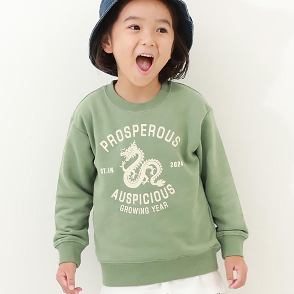 日本 devirock - 時髦龍年款 裏毛長袖上衣-生肖印花-淺綠