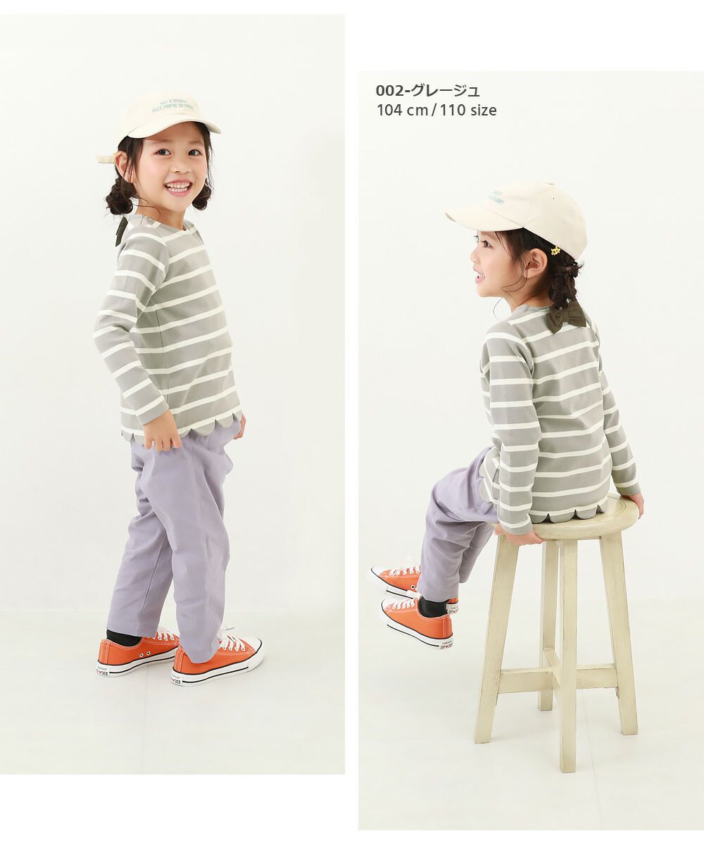 日本 devirock - 可愛扇形蝴蝶結條紋長袖上衣-卡其