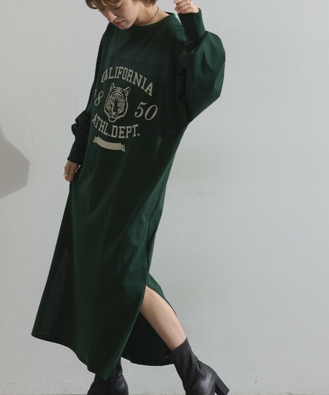 日本 Lupilien - 帥氣老虎印花側開叉長袖洋裝-象牙