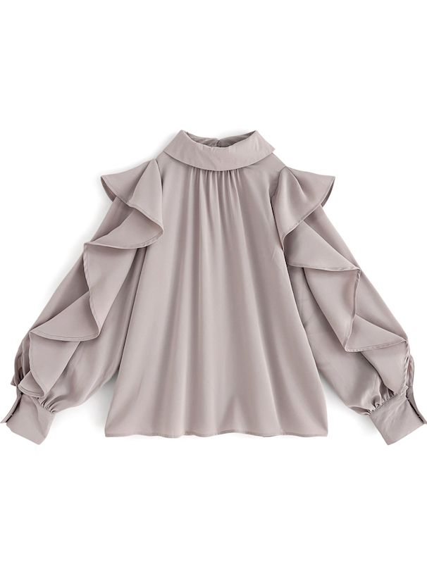 日本 GRL - 低調光澤蝴蝶結長袖上衣-煙燻粉 (F)