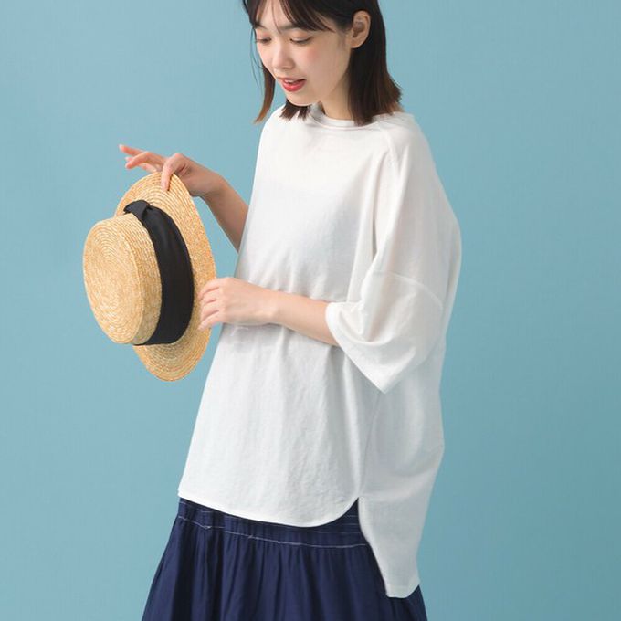 日本 OMNES - 接觸冷感 嫘縈寬版圓領五分袖上衣-海軍藍