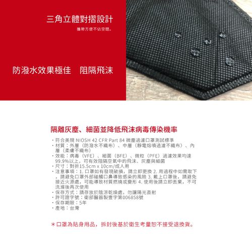 醫療防護口罩/成人 N95   曜石黑  20入盒裝 (獨立單片包裝)