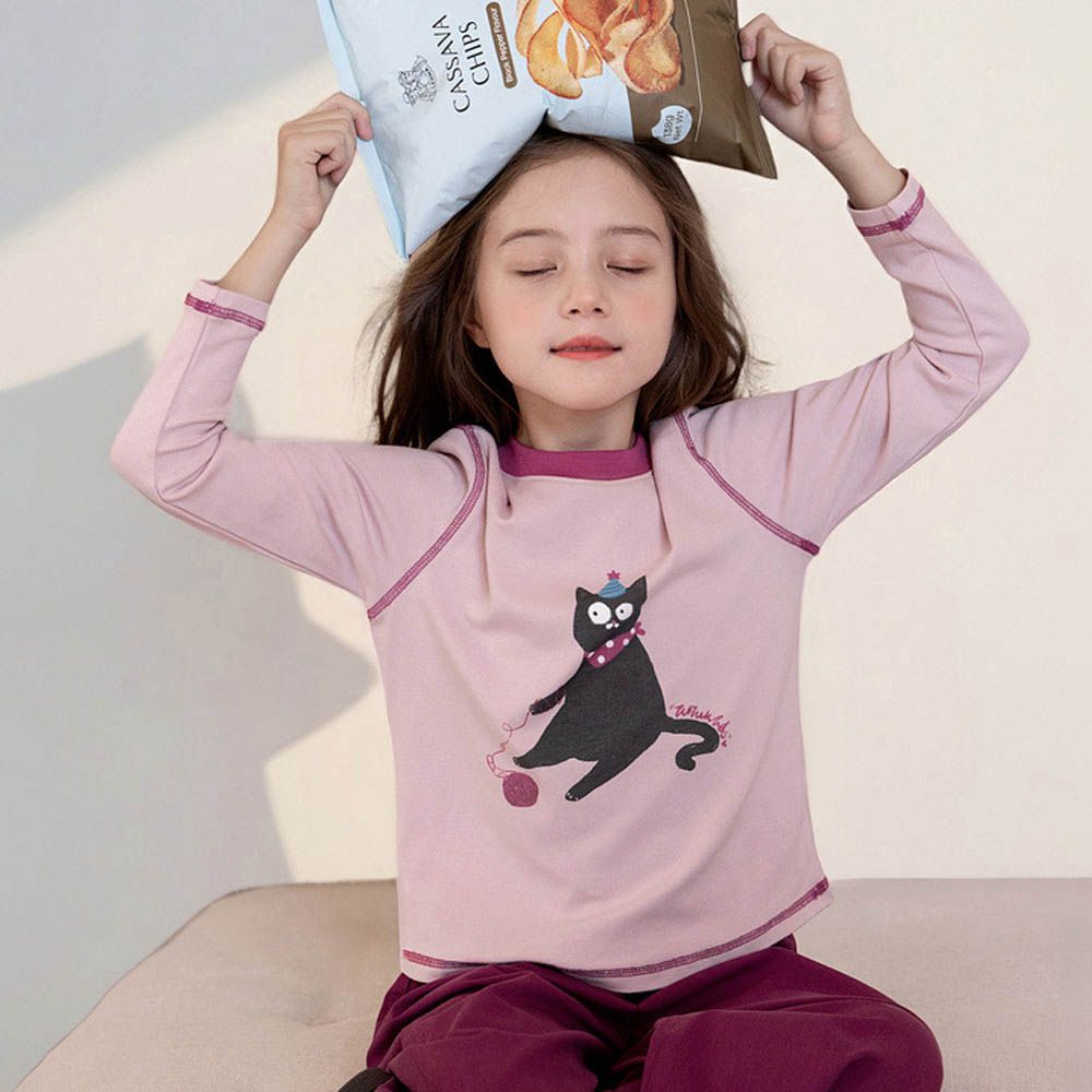 撞色車線圓領長袖上衣-萌趣卡通-粉色