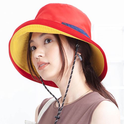 抗UV可捲收防潑水遮陽帽(附防風帽帶)-大人款-紅x黃內裏