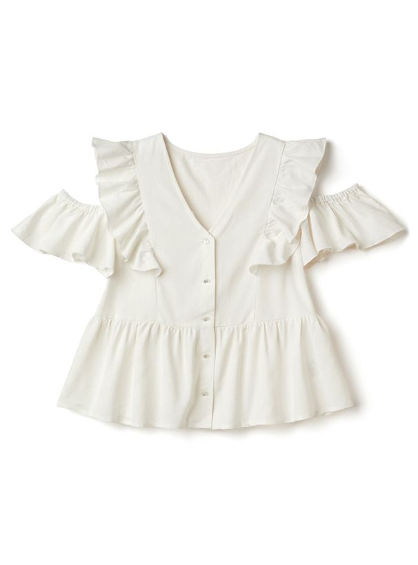 日本 GRL - 優雅荷葉邊挖肩V領短袖上衣-天使白