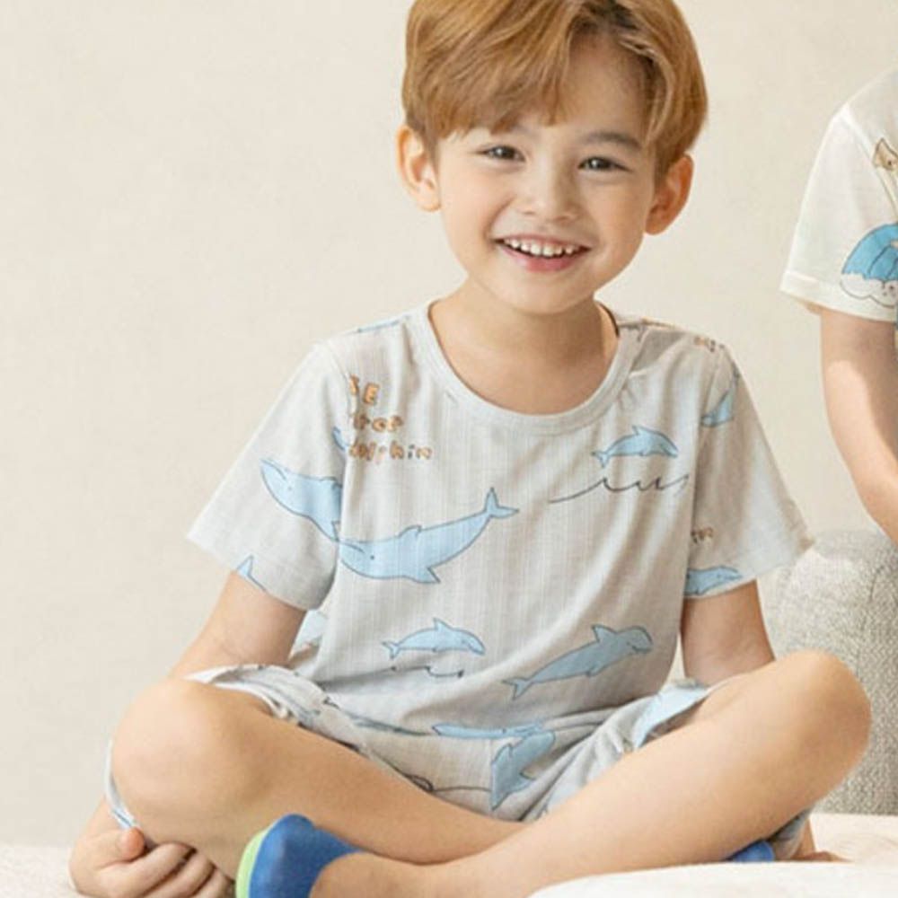 舒柔嫘縈羅紋短袖家居服-海豚-淺灰