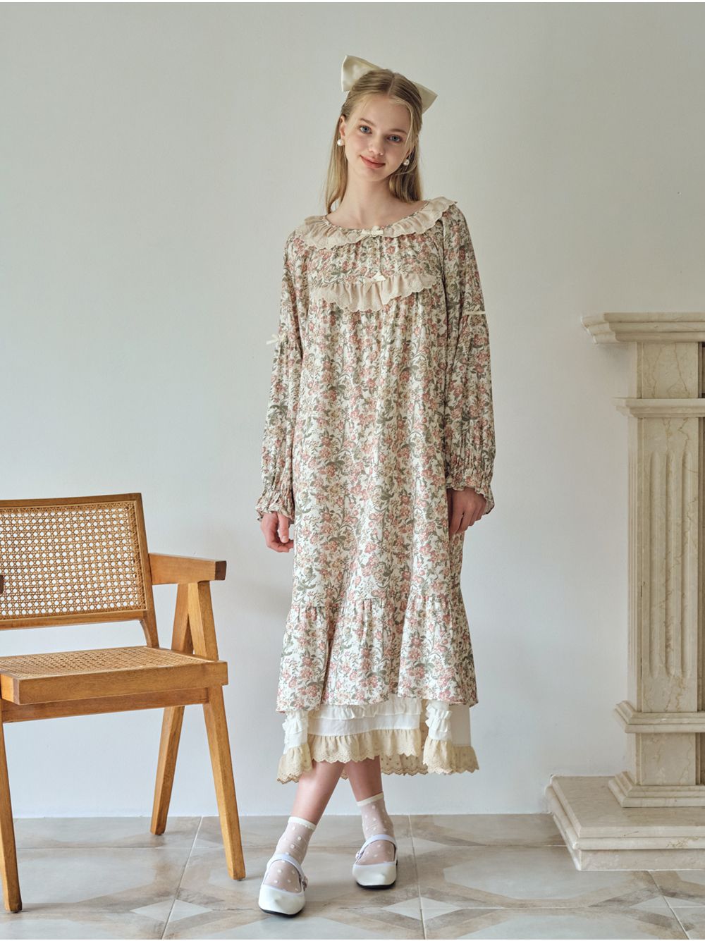 韓國 ULLALA - 絕美公主純棉長袖睡衣-(洋裝式)-奶油色 (FREE)