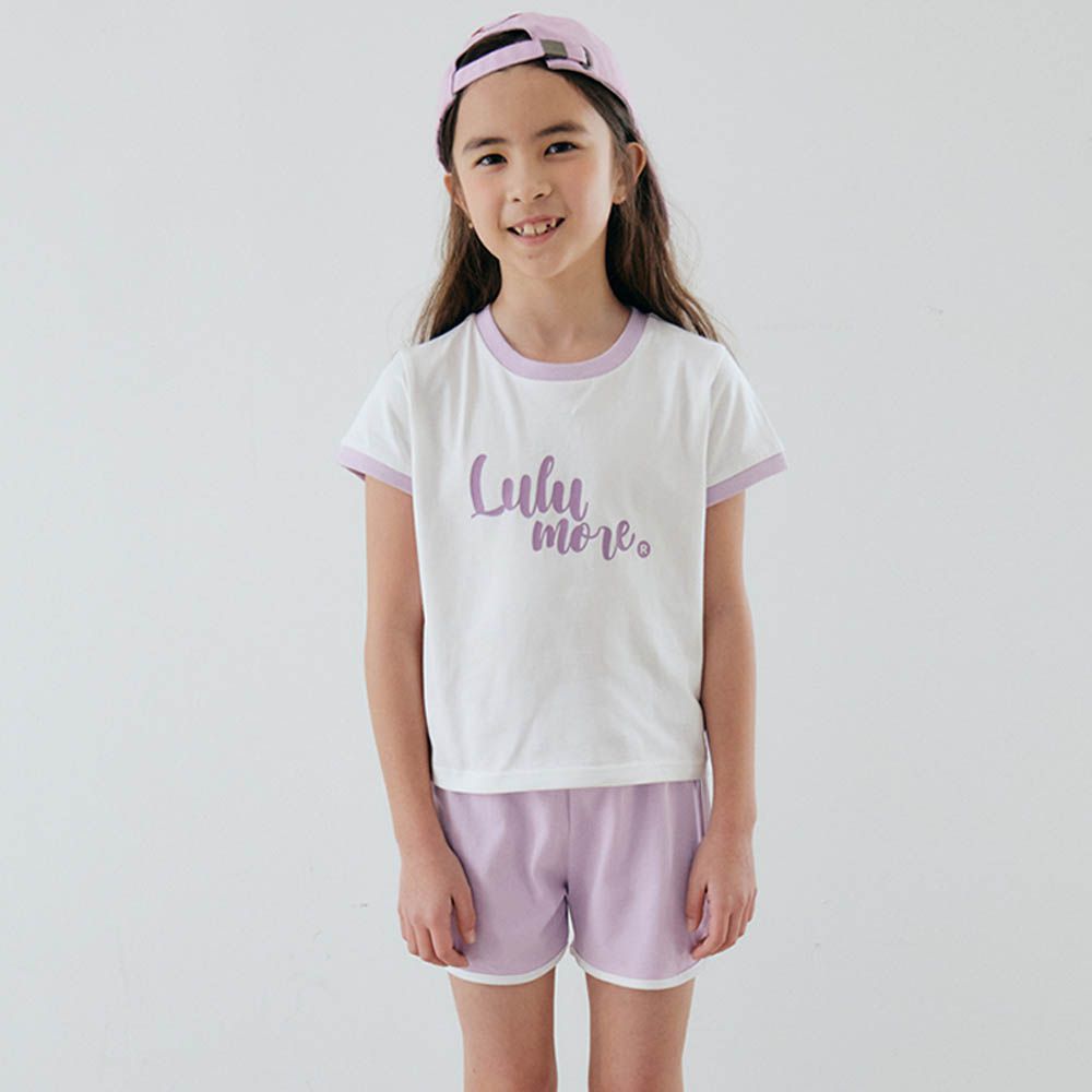 休閒風舒適純棉短袖套裝-白X淺紫